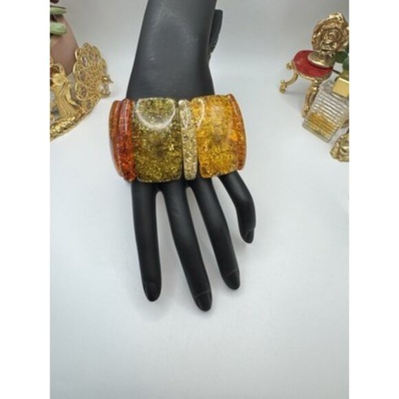Chunky Ambar Lucite Necklace & Bracelet Large Glitter Set ArtDeco Styel 3 Tones - Picture 4 of 11
